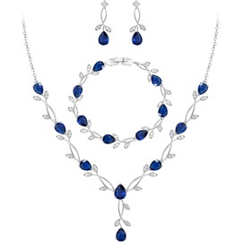 EVER FAITH Boda Juego de Joyería Para Mujer, Cristal Zirconia Cúbica Hojas Dobles de gotas de agua Collar Arete Set para Novia Regalo para cumpleaños/Día de la Madre/Navidad