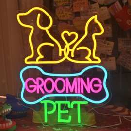 Pet Grooming Neon Sign, Dimmable LED Dog & Cat Light with Heart Shape – 16.5“x12.6" Colorful Bone-Shaped “Grooming Pet” Sign for Shops, Salons, Pet Spas & Home Decor