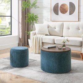 Ball & Cast Round Upholstered Storage-Ottoman with Wood Tray, Large Storage Coffee Table & Foot Stool w/Removable Lids, Dia 23.62" Chenille Padded Bench & End-Table for Living Bedroom, Dark Blue