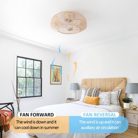 20'' Boho Rattan Ceiling Fan with Light, Coastal Caged Ceiling Fans with Lights and Remote Control, Enclosed Hidden Flush Mount with Reversible 6 Speeds for Living Room Bedroom Nursery