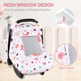 Pea Pod Car Seat Cover Baby, Infant Car Seat Canopy Covers with 2 Layers Windows of Breathable Mesh Fabric, Lightweight Polyester, Soft Minky Dot Backing (Floral Pattern)