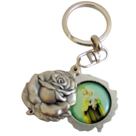 Religious Gifts Silver Tone Saint Therese with Our Lady Mt Carmel Sliding Rosebud Medal Key Chain, 1 3/4 Inch