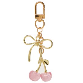 YDF Cherry Keychain Cute Bag Charm Women Leather Keyring Car Keys Gift Mother's Day Birthday Valentine's Purse Accessory (Pink)