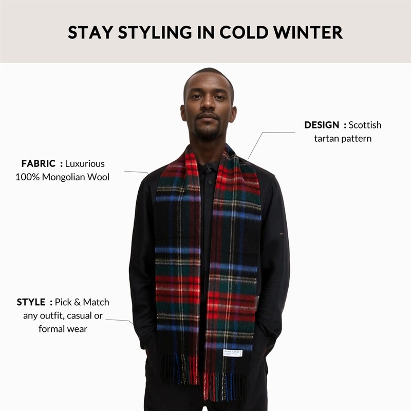 Basic Sense Tartan Check 100% Wool Scarf Mongolian Wool Scottish