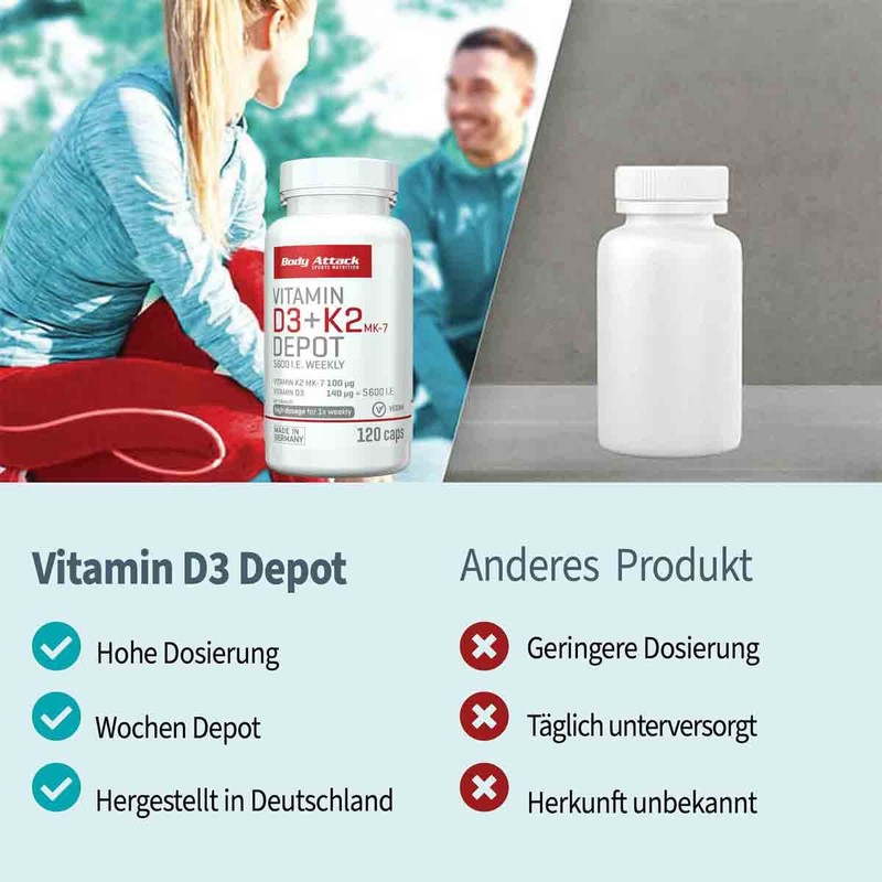 Body Attack Vitamin D3 + K2 Depot, 120 Capsules -