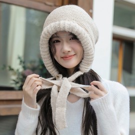 Retro Korean Style Lace-Up Tassel Winter Wool Balaclava Hat lf1671 Free Size/Beige 4ea