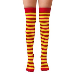NuJake Striped Over The Knee Socks Fancy Dress Cosplay Girls UK Size 4-5.5 (Cotton Blend, Red & Yellow)