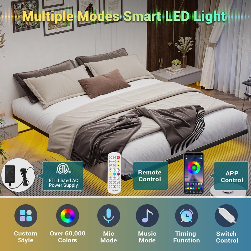 Hasuit Floating Bed Frame California King Size with LED Lights,