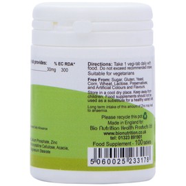Bio Nutrition Zinc Gluconate - 30mg Zinc - Antioxidant Mineral - 100 vegi-tabs