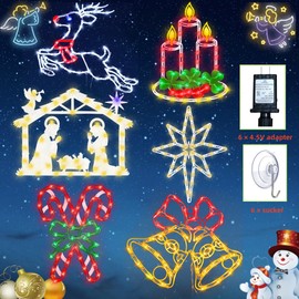 16" Christmas Window Silhouette Lights - 6 Pack Colour Lighted Bell & Candy Cane & Candle & Nativity & Bethlehem Star & Reindeer for Holiday Indoor and Outdoor Wall Door Window Decorate