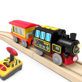 MykaFort Remote Control Classic Steam Train Set – 3-Piece Battery Operated Locomotive with Sound & Light, Fits Wooden Track Systems – Magnetic Engine & Carriage Toys for Kids Ages 3+ (No Batteries)