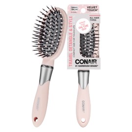 Conair Velvet Touch oval cushion hair brush - Travel Hairbrush- Detangling - curly or straight styles - detangler brushes - women or men - Blush Pink