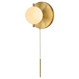 Soutas Gold Wall Sconce with Pull Chain Switch Mid Century Globe Sconce Milk Glass Brass Wall Light Fixture Indoor Wall Mount Lights for Bedroom Living Room Bathroom Hallway Stairway