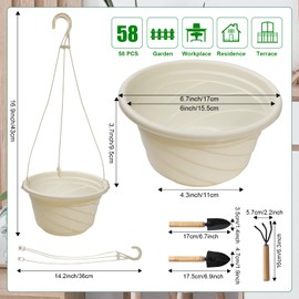LECEHIVO 58 Pcs Plastic Hanging Planter Set with 2 Sets Potting Tools, Indoor Outdoor Flower Containers with Hooks Round Hanging Pots for Plants, Balcony and Garden Decor