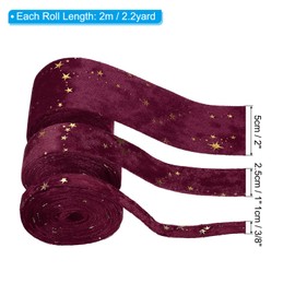 PATIKIL 3/8", 1", 2" Velvet Ribbons Set, 3 Roll 3 Sizes Total 6.6 Yard Double Faced Craft Ribbon with Golden Star for DIY Bow Ornament Gift Wrapping Bouquet Decoration, Burgundy