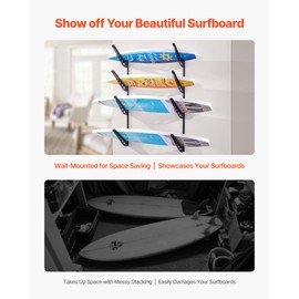 VEVOR Surfboard Wall Mount, 4 Tiers Horizontal Surfboard Rack for Storage and Display, Adjustable Height Metal Board Stand Organizer, Surf Board Holder for Snowboards, Kiteboards, Shortboard, Skis