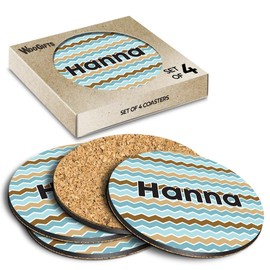 4 x Boxed Round Coasters - Name Hanna Blue Waves Geometry Zigzag Color Letter Lettering Initial Cork Backed MDF Glossy Tea Coffee Accessory #254628
