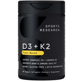 Sports Research Vitamin D3 K2 with Coconut Oil | Plant Based Vitamin K2 MK7 + Vegan D3 5000iu | Vegan Certified, Soy & Gluten Free - 60 Count Softgels
