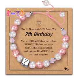 Alissl Happy Birthday Bracelet - Adjustable Pink Pearl Bracelet for 7 Year Old Girls - Kids Jewelry Gifts for Daughter Granddaughter Niece