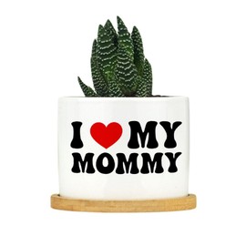 Evans1nism I Love My Mommy Planters for Indoor Plants Plant Pots Outdoor White Letter with Red Heart Ceramic Pots for Plants with Removable Base Lettering Quotes Pot for Gardening Container
