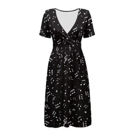 Frymappies Music Notes Women Summer Casual Mini Dress V-Neck Flowy Short Sleeve Party Dress with Pockets