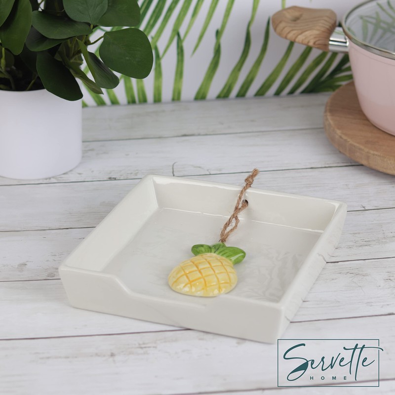 White Ceramic Lunch Napkin Holder with Roped Weight - Pineapple