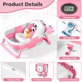 Collapsible Baby Bathtub for Newborns with Thermometer and Soft Floating Cushion Portable and Foldable Travel Baby Girl Bath Tub for Infants to Toddler 0-36 Month (Pink)