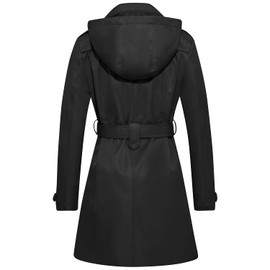 FARVALUE Women's Waterproof Trench Coat Double Breasted Windbreaker Classic Belted Lapel Overcoat with Removable Hood Black 3X-Large