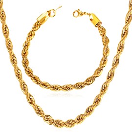 U7 Men Womens Twisted Rope Chain 3mm Diamond Cut Hip Hop Chain Necklace Bracelet Set 20" 8.3"