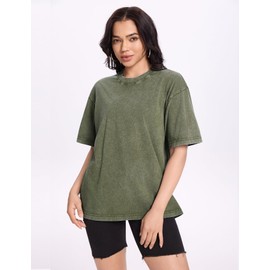 PEHMEA 3 Pcs Women's Oversized T-Shirts Cotton Short Sleeve Vintage Washed Baggy Boyfriend Streetwear Summer Tops(Black+Khaki+ArmyGreen-L)