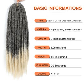 Ajsowju Straight Dreadlock Synthetic Double Ended Dreadlock Extensions 24inches Width 1.2cm 5 Strands Soft DE Dreadlock Extension for Women (5 Strands, 1B/613)