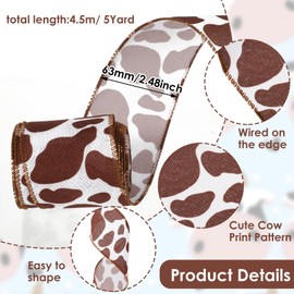 2 Rolls Cow Print Ribbon Cow Ribbon Cow Print Wrapping Paper Ribbon Black White Brown Cow Spot Ribbon Animal Print Wired Ribbon for Cow Theme Party Wreath Bow DIY Craft, 2.5" X 10 Yard