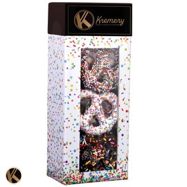 KREMERY Creamy Chocolate Cravings - Chocolate Covered Pretzel Twists Basket in Confetti Tower (12 Count) Appreciation Birthday Sweet Treats - Assorted Candy Toppings - Kosher Dairy