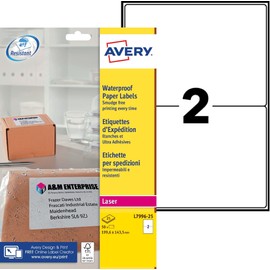 Avery Printable, Customisable Weatherproof/Waterproof, Parcel Mailing Labels, Laser Printers, L7996-25, White, 2 Per A4 Sheet.