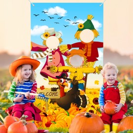 Fall Festival Decorations Thanksgiving Photography Backdrop Scarecrow Photo Background - Fall Party Games for Family Outdoor Indoor Turkey Day Welcome Decorations Autumn Forest Backdrop 71 x 35 Inch