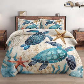WeCozy Full Size Comforter Set with 2 Pillowcases, Ocean Coral Sea Turtle 3 Pcs Bedding for Kids and Adults, Blue Shell Animal Soft Comforter Set for Bedroom Bed Decor