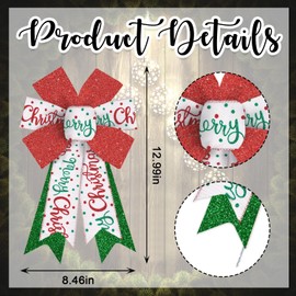 Hying 2 Pieces Christmas Bows for Wreath, Christmas Wreath Bow Glitter Green Red White Burlap Bows Winter Xmas Craft Bows Ornaments for Front Door New Year Christmas Party Decoration Supplies