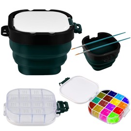 OKUYAN Paint Palette Box with Foldable Paint Brush Washer Portable 16 Wells Airtight Paint Saver Multifunctional Travel Paint Palette Box with Lid for Watercolor Oil Painting Acrylic Gouache (Green)