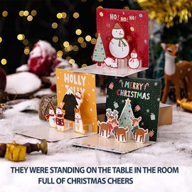 Christmas Cards Pack, Set of 6 Cute Illustrative Designs, 3D Small Christmas Cards with Cute Colorful Background, Gold Edge Envelope Stickers, XmasSnow Santa Bear Bunny Reindeer Snowman Elements