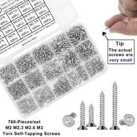 FandWay M2 M2.3 M2.6 M3 Tapping Screws Set, 760 Pieces Torx Self-Tapping Screws, Wood Screws Stainless Steel Countersunk Torx Self Drilling Screws, Small Screws Assortment with T6 T7 T8 T10 Bits
