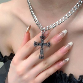 Wendalern Gothic Black Cross Necklace Diamond Crystal Cross Pendant Necklace Cuban Link Chain Cross Necklace Engraved Flower Crucifix Religous Necklace Faith Jewelry for Women