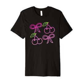 Coquette Bows Cute Pink Cherries Y2K Girly Summer Premium T-Shirt