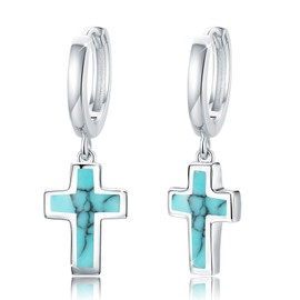 Turquoise Cross Hoop Earrings, 925 Stertling Silver Hypoallergenic Christian Religious Dangle Earrngs and Tiny Cross Drop Jewelry Gift for Women Her Girlfriend