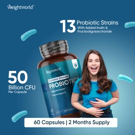 WeightWorld Probiotics for Women & Men 50 Billion CFU - Third-Party Tested - 60 Capsules (2-Month Supply) - 13 Probiotic Strains With Inulin & Fructooligosaccharide - Digestive Health & Immune Support