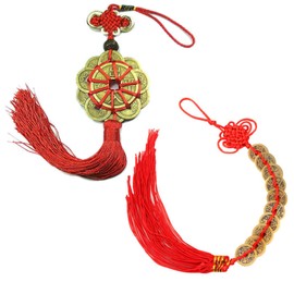 PPX 2 Pieces Chinese Lucky Coins Chinese Knot Feng Shui Coins Souvenir I-Ching Coins Traditional Coins with Red String for Wealth and Success Good Luck and Healthy