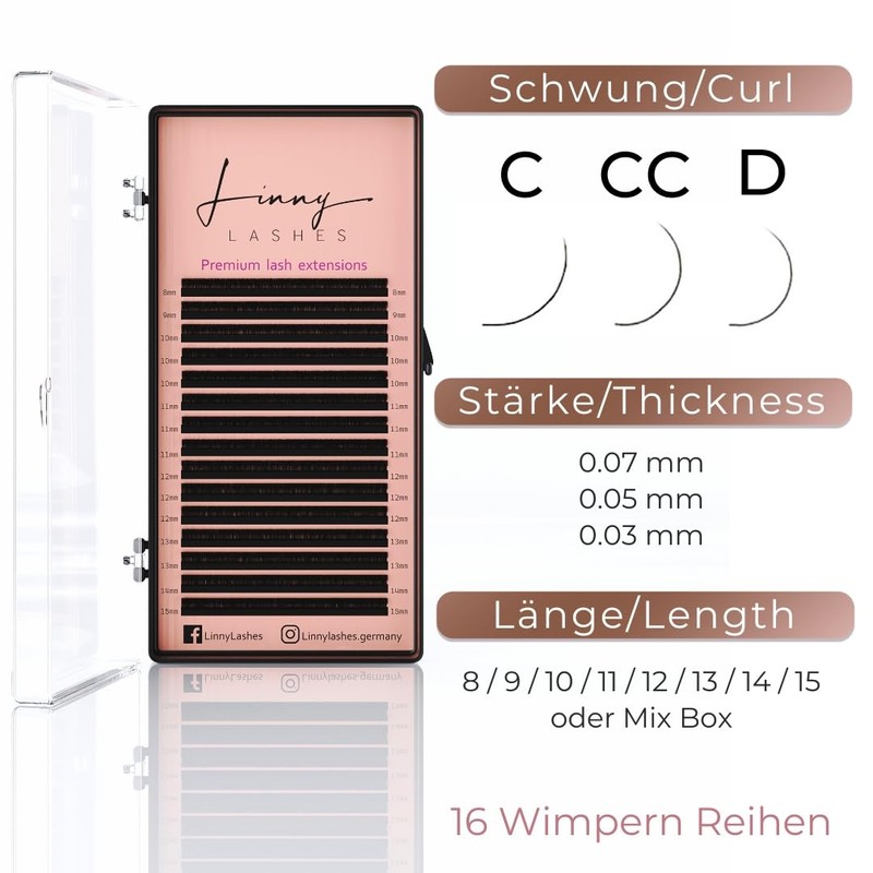 Linny Lashes Eyelash Extension, 16 Rows, C Curl, Thickness 0.07