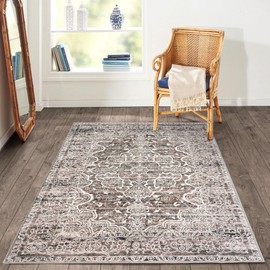 KUTA Vintage Floral Rug 3x5, Area Rugs for Living Room Tan Grey Washable Kitchen Non-Slip, Ultra Soft Printed Distressed Tribal Low-Pile Entry Throw Carpet for Nursery Living Room