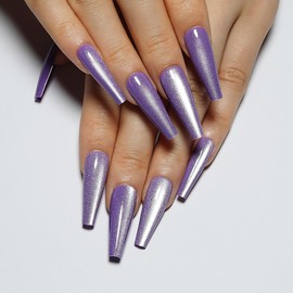 Handmade Press on Nails - Light Purple Fake Nails | Cat Eye & Velvet Effect Design Light Color Nails | Glossy,Glitter,Gradient Color,Long Acrylic Nails | 12 Sizes - 24 Nail Kit with Jelly Glue