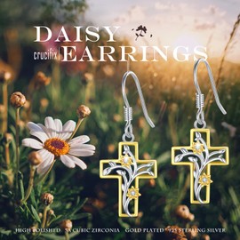 Cross Daisy Hook Earrings Gold Dangle Earring 925 Sterling Silver Ladies Earrings Jewelry for Women Teens Girls
