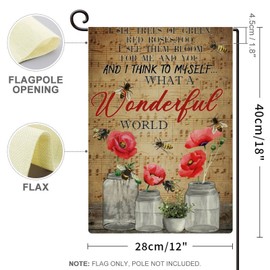 Garden Flag 12x18in, Vintage Poppy What A Wonderful World Bee Welcome Flag Vertical Double Sided, Outdoor Spring Decoration Farmhouse Small Flag for Yard Lawn Home Decor 12x18in